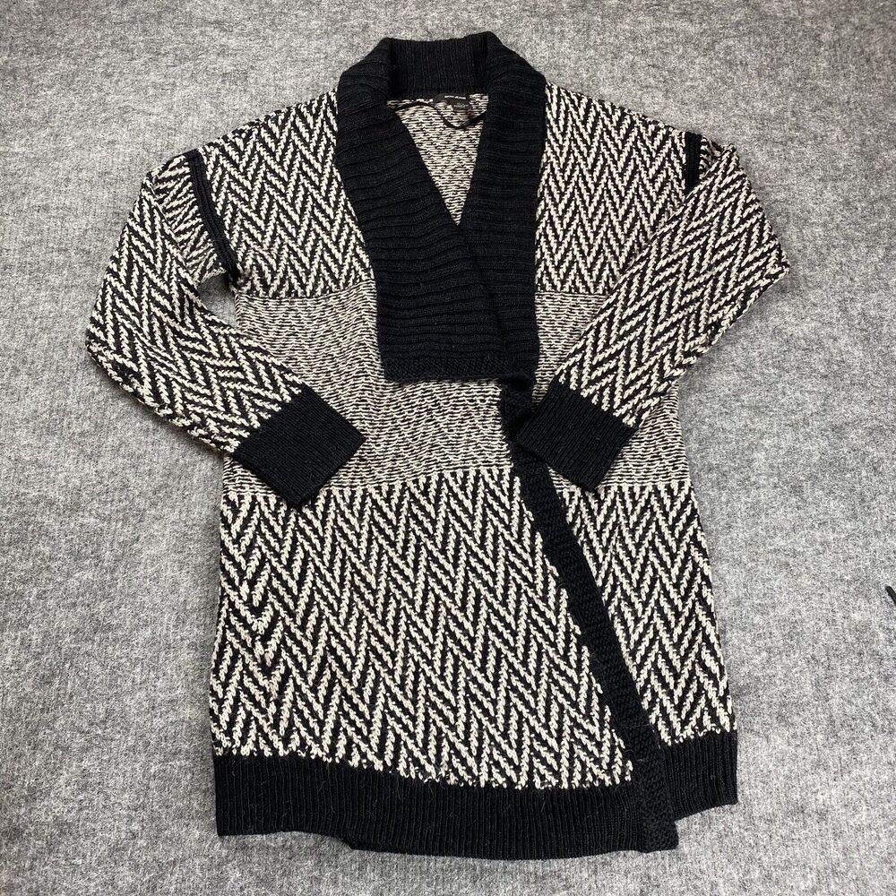 DKNY Sweater Women Large Alpaca Black White Cardigan Open Front Shawl Neck